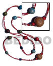 2 Rows Red Cut Glass Beads W/ Wood Beads Combi / 40 In.