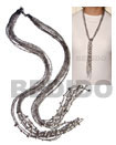 Scarf Necklace - 7 Rows Black/tclear Glass Beads W/ Tassled Whi