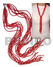 Scarf Necklace - 7 Rows Red Glass Beads W/ Tassled White Clam /