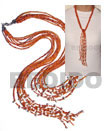 Scarf Necklace - 7 Rows Orange Glass Beads W/ Tassled White Mon