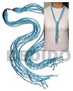 Scarf Necklace - 7 Rows Baby Blue Glass Beads W/ Tassled White