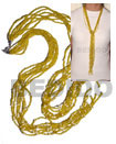 Scarf Necklace - 7 Rows Yellow Glass Beads W/ Tassled White Cla