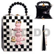 Philippines Acacia Bags Shell Fashion Acacia Bags Jewelry Collectible Handcarved Laminated Acacia Wood Handbag / Checkered Polyurethane Black/white Combi W/ Embossed Handcarved Pink Poodle W/ Rhinestonescombi 10inx8.2inx 3in / Handle Ht: 4 In. / W/ Black Satin Inner Lining Natural Shell Component SFAS033ACBAG