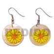 Philippines Hand Painted Earrings Shell Fashion Hand Painted Earrings Jewelry Dangling 35mm Round Hammershell W/ Handpainted Sunflower Accent Maki-e Japanese Art Of Painting Makie Natural Shell Component SFAS5008ER