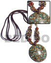 Philippines Jewelry Specials Shell Fashion Weekly Jewelry Specials Jewelry 3 Rows Brown Leather Thong W/ Stone Nuggets And Round Crushed Limestones 60mm Pendant In Resin W/ Brass Wire/ 24in Natural Shell Component SFAS2884NK